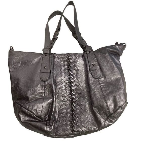ELLIOTT LUCCA Women’s Silver Metallic Braided Handbag Tote 15X3X9 - Picture 1 of 12